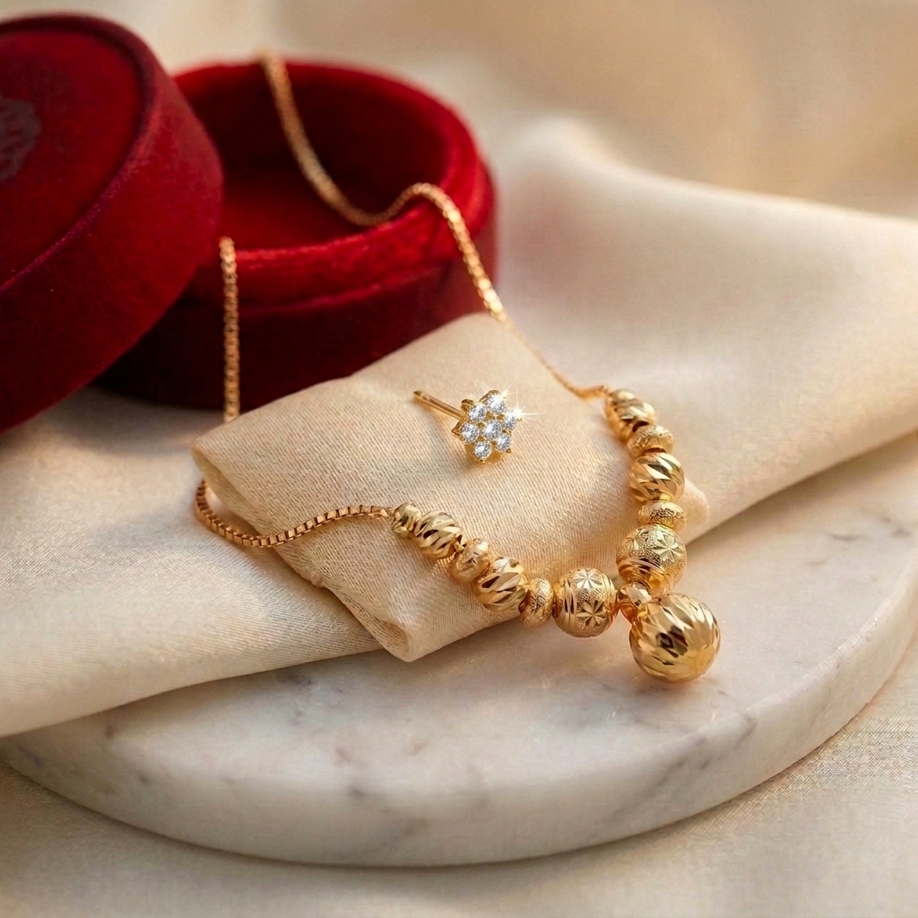 Golden Beads Gold Plated Necklace with FREE Diamond-Cut Nose Pin