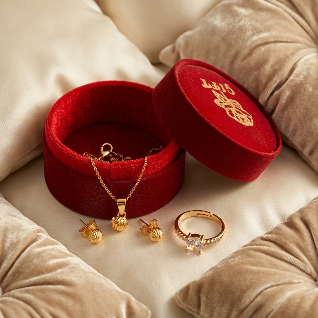 Gold Plated Locket Jewelry Set (Necklace, Earrings & FREE Diamond-Cut Ring)